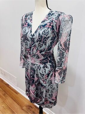 NWT REISS Size US 8 Faux Wrap Women's Dress Pink Grey Navy Paisely Floral Print